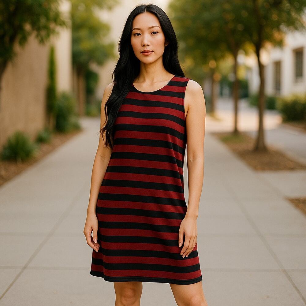 Everly Womens Dress Sz S Red Maroon Black Striped Tank Sleeveless NEW